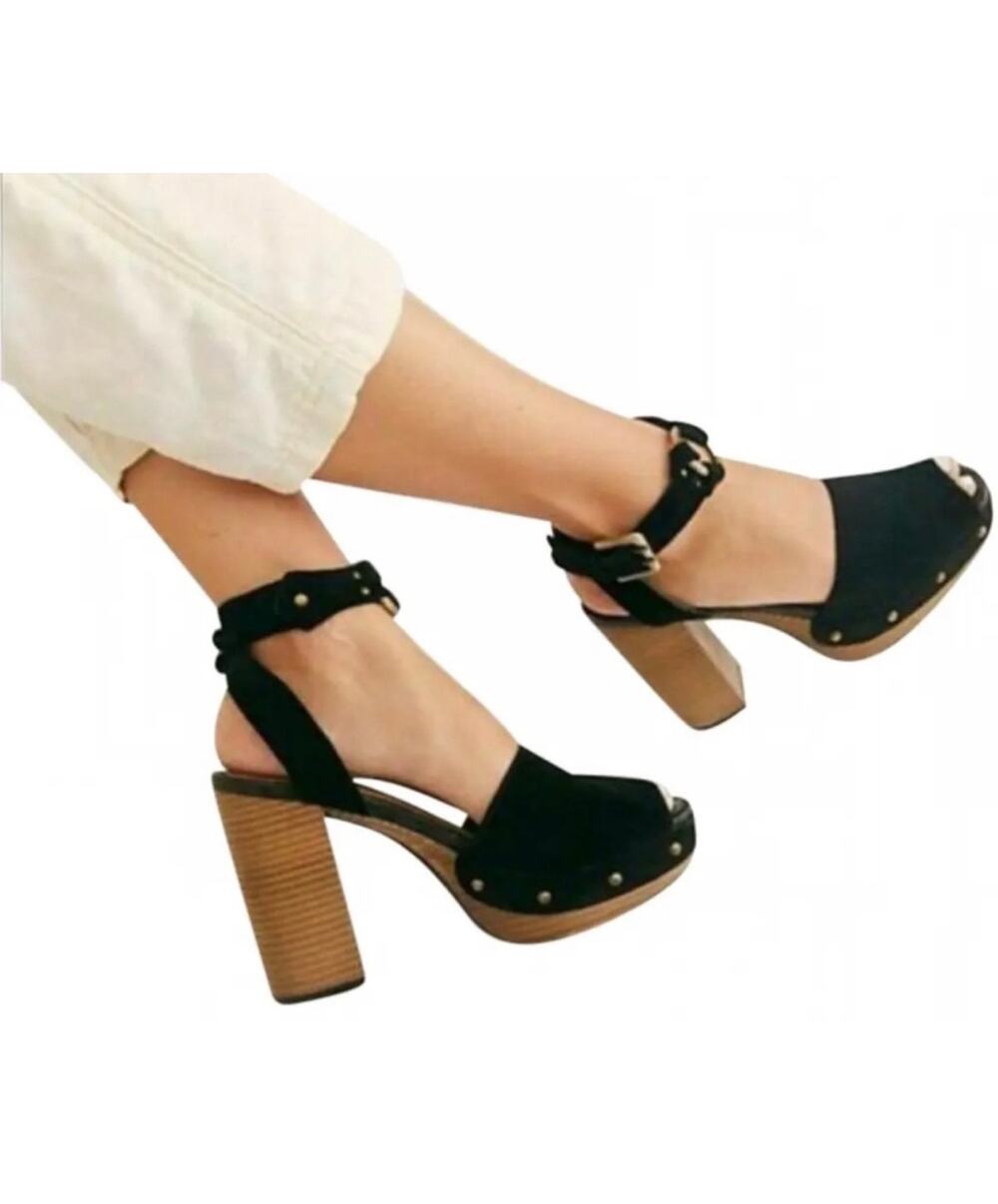 Free People Justine Boho Platform Block Wood Heel Black Leather Sandal Size 39